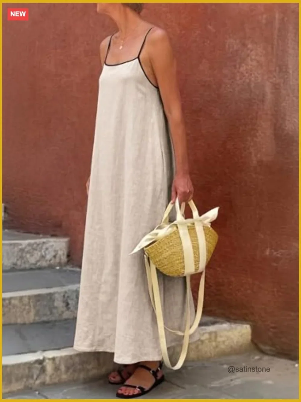 Linen Blend Maxi Dress with Pockets - Backless Spaghetti Strap - Picture 4 of 6